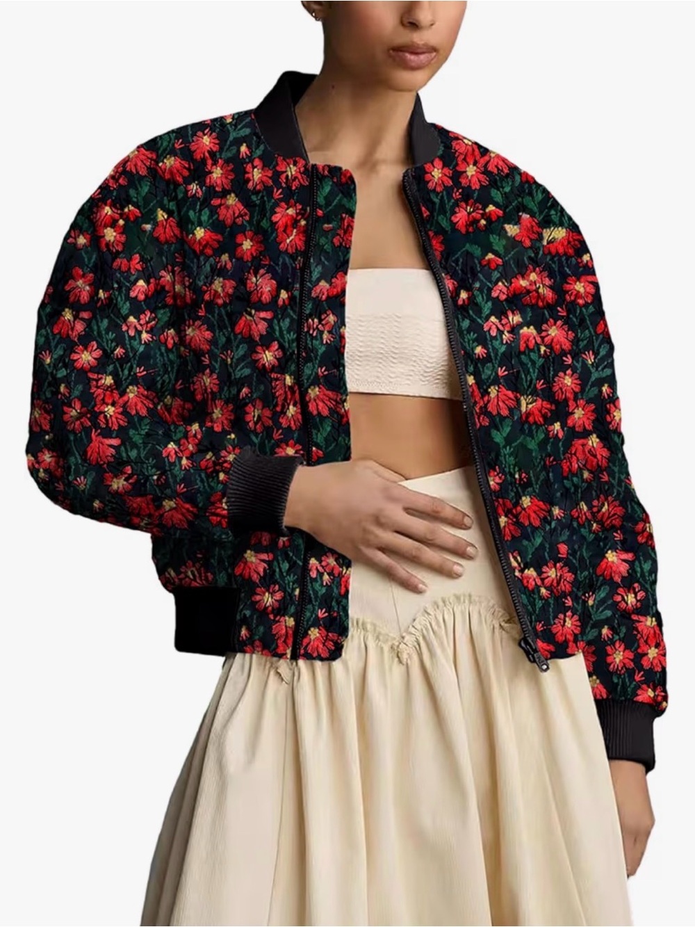 Flora Bomber Jacket - Black with Red Floral